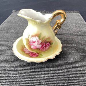 Vintage Small Round Pale Yellow Porcelain Pitcher and Deep Bowl Saucer Gold Trim